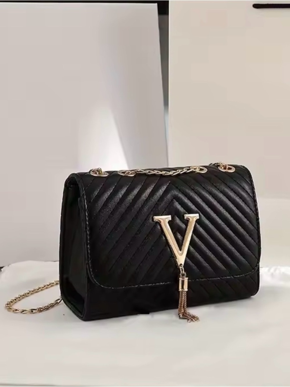 Black Quilted Chain Crossbody Mini Purse Bag with Gold V Accent